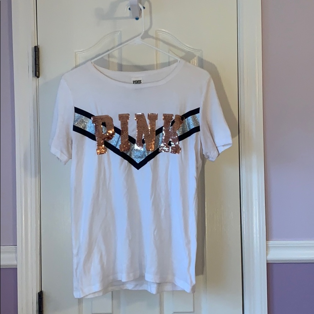 VS Pink White T-Shirt with Rose Gold Sequins